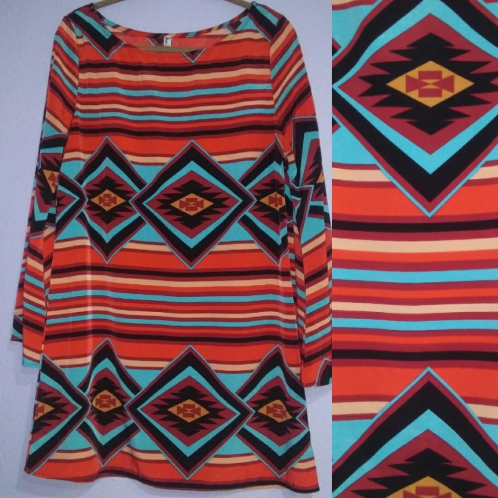 Southwest Pattern Bell Sleeve Auditions Dress Lrg